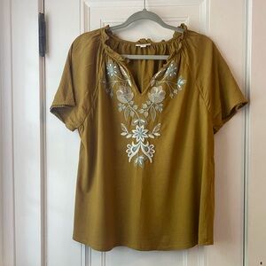 J Jill mustard gold yellow embroidered top shirt blouse L petite LP